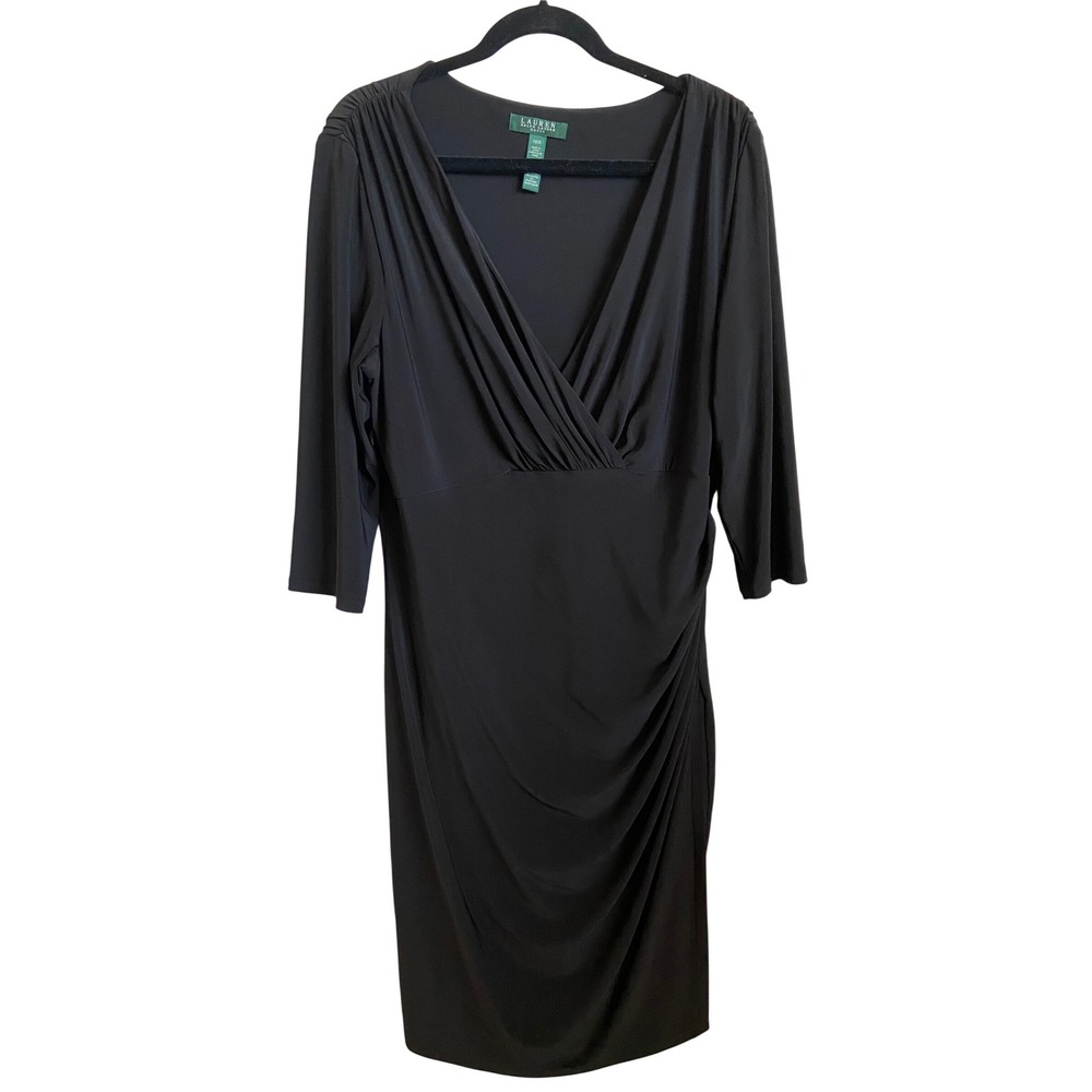 Lauren Ralph Lauren Black Ruched Surplice V-Neck 3/4 Sleeve Sheath Dress 18W